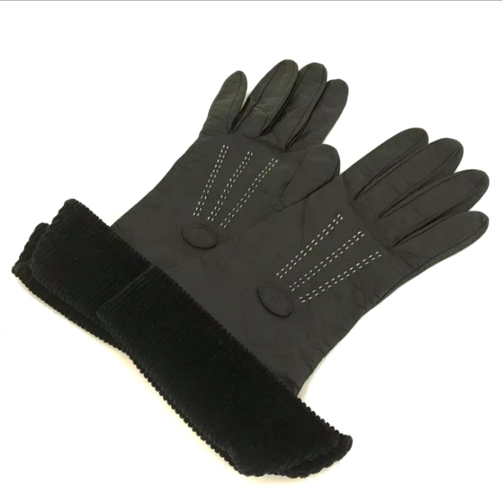 FENDI FF LOGO LEATHER/VELOUR BLACK GLOVES